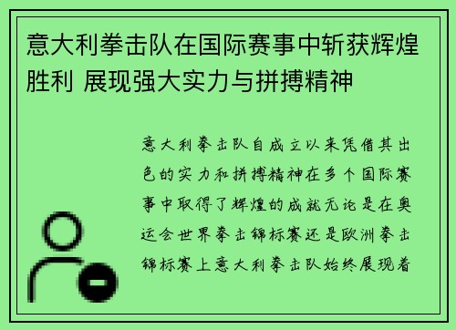 意大利拳击队在国际赛事中斩获辉煌胜利 展现强大实力与拼搏精神 意大利拳击队在国际赛事中斩获辉煌胜利 展现强大实力与拼搏精神
