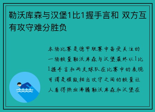 勒沃库森与汉堡1比1握手言和 双方互有攻守难分胜负 勒沃库森与汉堡1比1握手言和 双方互有攻守难分胜负