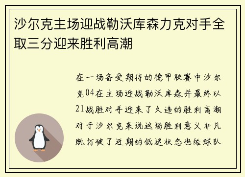 沙尔克主场迎战勒沃库森力克对手全取三分迎来胜利高潮 沙尔克主场迎战勒沃库森力克对手全取三分迎来胜利高潮