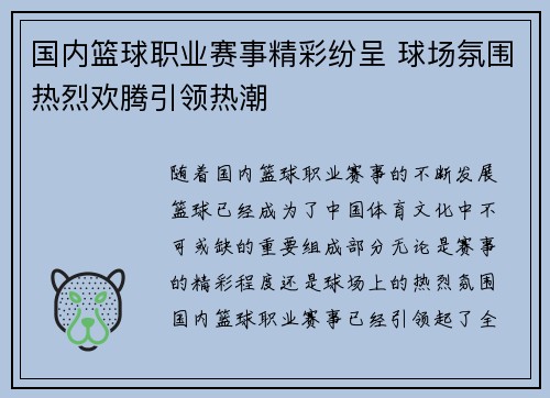 国内篮球职业赛事精彩纷呈 球场氛围热烈欢腾引领热潮 国内篮球职业赛事精彩纷呈 球场氛围热烈欢腾引领热潮